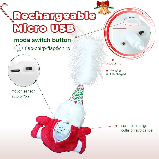 LEWISER Cat Toys, Rechargeable Intelligent Swinging Santa Clause, Suitable for Cat Teaser Stick, Interactive Christmas Cat Toys for Indoor Cats Chase Exercise, Music Melody, 3 Modes