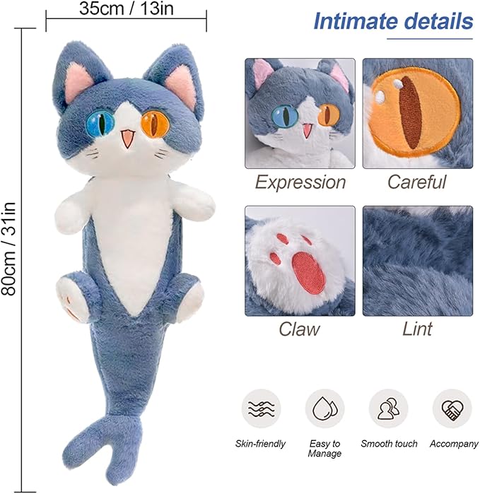 OOPSHANA Long Cat Plush Toy Cute Plushie Hugging Plush Pillow Shark Cat Stuffed Animal for Girls and Boys Blue 33"