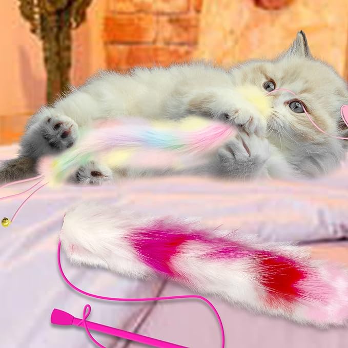 2 Pack Cat Wand Toy, Rainbow Cat Feather Toys with Bells, Cat Teaser Wand with Soft Furry Tail, Interactive Cat Toys for Indoor Cats & Kitten & Kitty