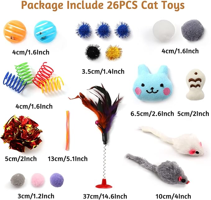 Kitten Toys Cat Toys Assortments, 26 Packs Cat Toys Variety Pack for Kitty, Cat Wand Toy, Cat Feather Toys, Cat Balls with Bells, Cat Mouse Toy, Catnip Toys for Indoor Cats