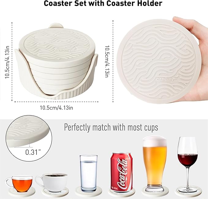 6 Pack Cute Cat Pattern Coasters with Deep Tray Holder, Double Sided Drink Coasters, Beverage Mats for Hot or Cold Drinks, Non-Slip, Non-Stick Silicone with Ceramic Insert Pet Patterned Coaster