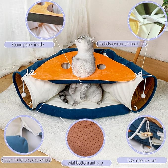 2-in-1 Collapsible Cat Tunnel for Indoor Cat Bed and Hideout for Pet Dog Rabbit Bunny Ferret Tunnel Tubes Toys with Removable Washable Mat, Cat Tower Wheel Stuff