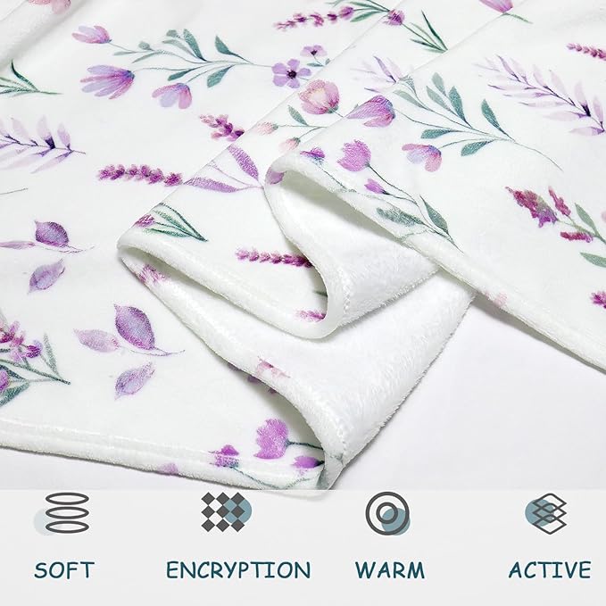Purple Lavender Floral Throw Blanket Flower Botanical Throw Blankets Ultra Soft Cozy Flannel Throw Blanket Lightweight Fleece Fuzzy Plush Throw Blankets for Bed Chair Couch 50" X 60"