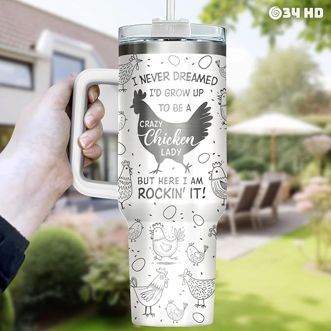 34HD Crazy Chicken Lady Tumbler with Handle and Straw, 40oz Engraved Mama Hen Coffee Mug with Lid, Funny Chicken Gifts for Girls Women on Birthday Mothers Day Christmas