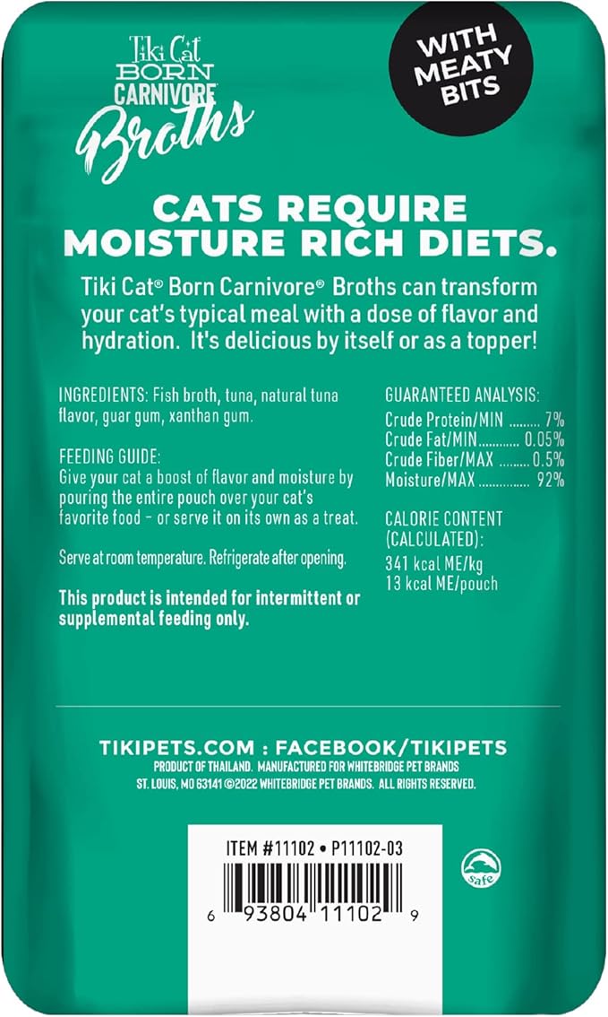 Tiki Cat Born Carnivore Broths, Tuna Recipe, Hydration and Flavor Supplement Cat Food Topper, 1.3 oz. Pouch (Pack of 12)