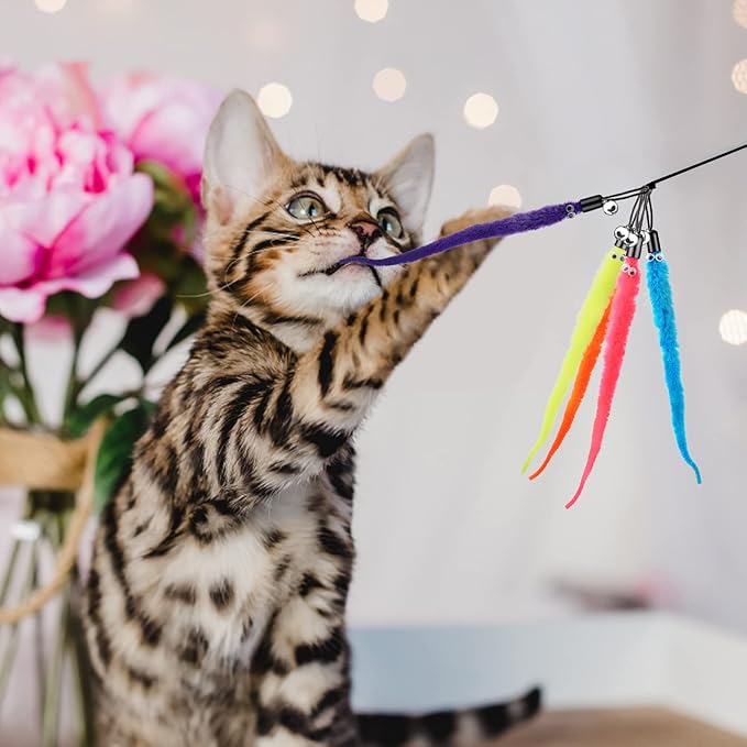 cobee 12pcs Cat Worm Toy Refills, Cat Wand Toy Replacement Refills Furry Tail Worm with Bells Assorted Cat Interactive Toy Refills with Bell for Cat Kitten Worm Refills Attachment for Cat Wand