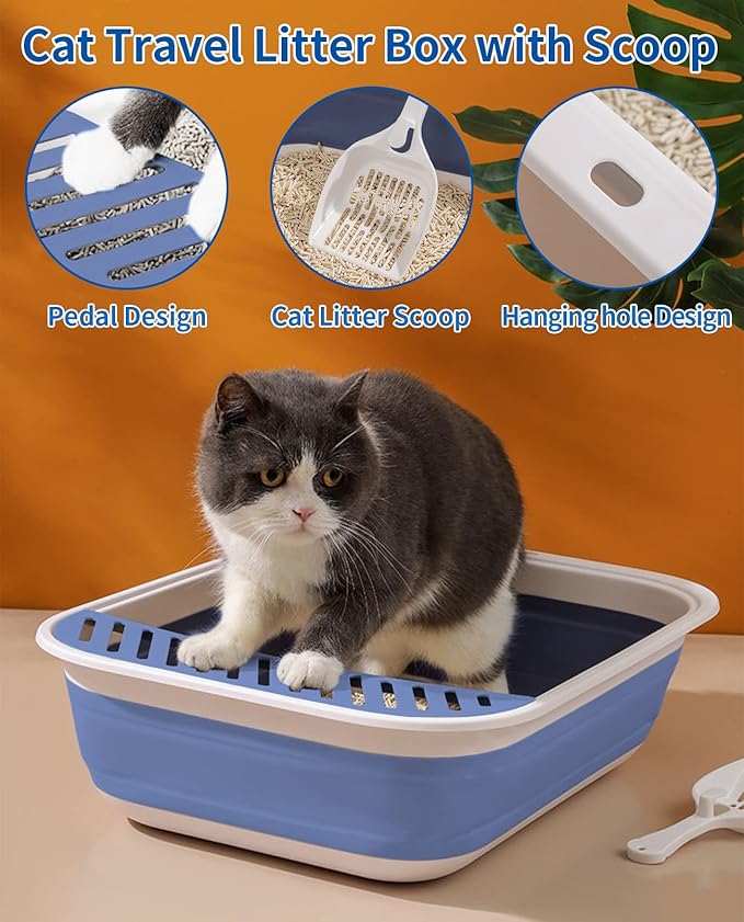 BNOSDM 8 Pcs Small Kitten Collapsible Litter Box Low Entry for Travel Set, Litter Boxes for Senior Cats, Foldable Cat Toilet, Open Small Litter Pan for Kittens (Blue)