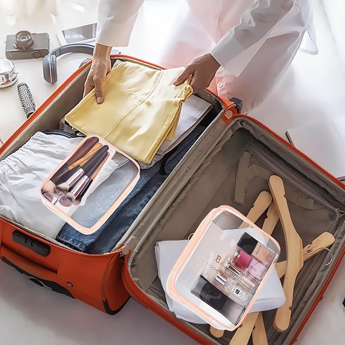 6Pcs Crystal Clear PVC Travel Toiletry Bag Kit for Women Men, Waterproof Vinyl Packing Organizer Storage Bags with Zipper Handle Straps, Cosmetic Pouch Carry on Airport Airline Compliant Bag Handbag