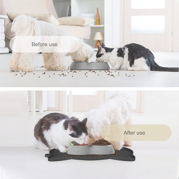Coomazy Cat Food Mat, Thicker Dog Feeding Mat for Food and Water, Waterproof Non-Slip Silicone Mat for Floor, Dog Food Mat with Raised Edge to Prevent Food Spills and Water Runoff (Black, Medium)