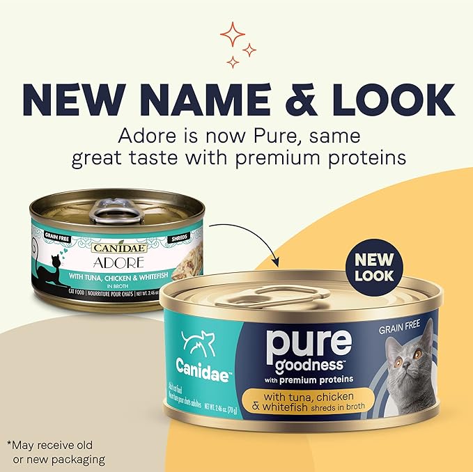 Canidae Pure Adore Premium Wet Cat Food, Tuna, Chicken & Whitefish in Broth, 2.46 oz. (Pack of 24), Grain Free