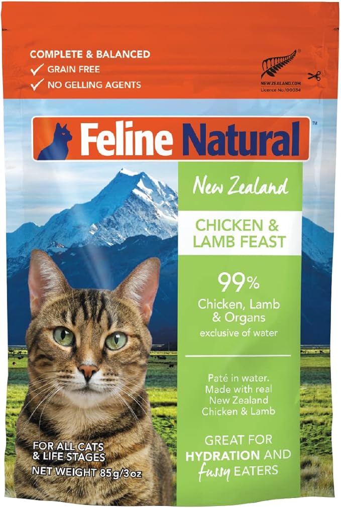 Feline Natural - 12 Grain-Free Pouches - Chicken & Lamb Feast, 3oz Perforated Box