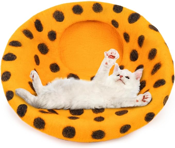 Woolygon Premium Felt Cat Cave Bed - Polka Dot Series - Wool Kitty Beds Handcrafted Kitten Caves Bed for Indoor Cats - Eco-Friendly Merino Wool, Foldable Cat Hideaway Cat Houses (Orange/Black Dots)
