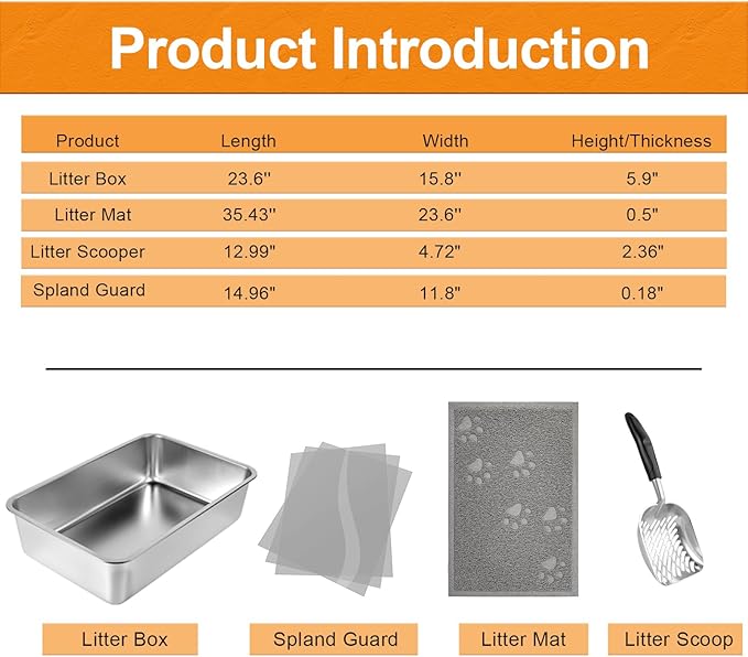 2 PCS Stainless Steel Cat Litter Box, Extra Large Metal Litter Box with Plastic Shields, Kitty Basic Litter Pan 23.6''*15.8'' with Metal Litter Scoopers, Litter Mat