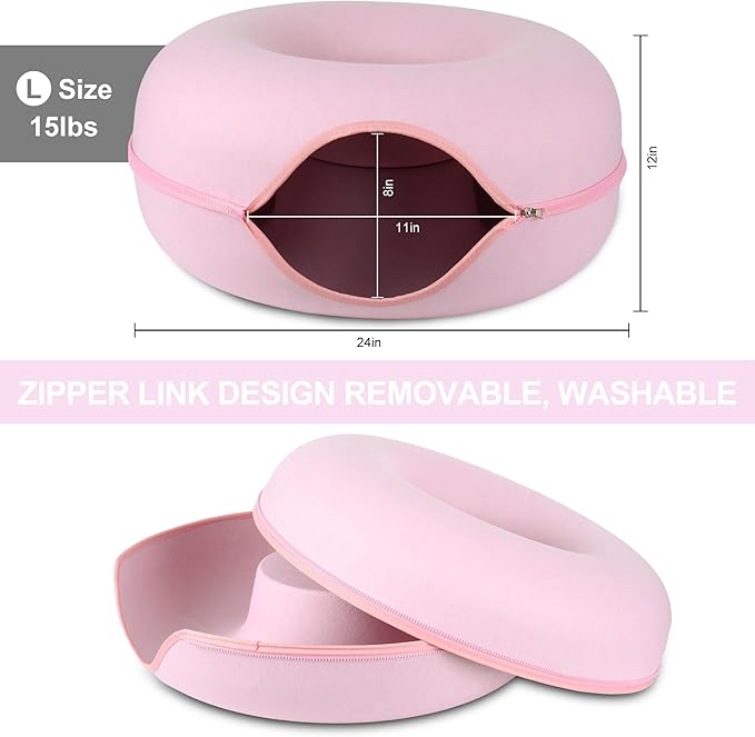 Cat Tunnel Bed, Cat Cave Bed ，Beds for Indoor Cats - Large Cat House for Pet Cat Cave ，Detachable Round Felt & Washable Interior Cat Play Tunnel for Small Pets (24 Inch, Pink)