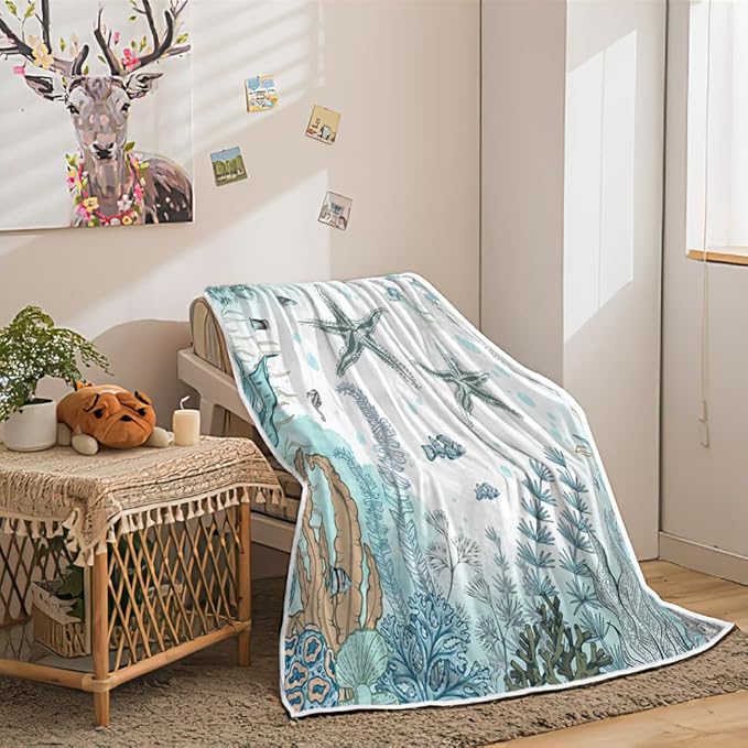 Starfish Blanket Funny Seashell Coral Beach Themed Throw Blankets, Farmhouse Sea Ocean Lightweight Soft Fleece Cozy Fleece Throw Blanket All Season Cozy Soft Lightweight Couch Sofa Bed Bedding