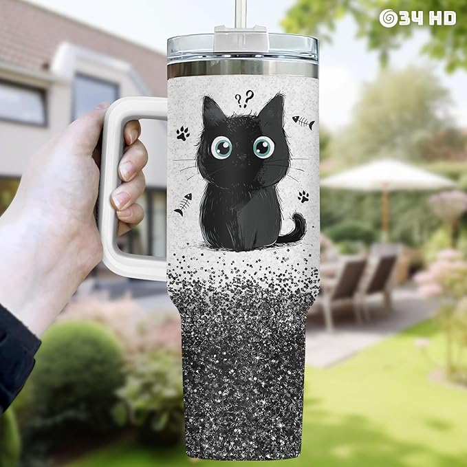 34HD Funny Black Cat Tumbler with Handle and Straw, 40oz Cute Furry Friend Travel Mug Stainless Steel, I Came I Saw Cup, Birthday Gifts for Cat Lovers Women Men
