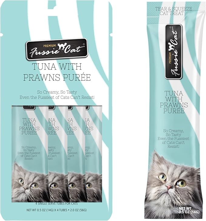 Fussie Cat Tuna with Prawns Puree, lickable cat Treats, 0.5oz Pouch Pack of 4