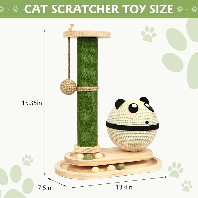 Cat Scratching Post, Panda Cat Grabs Sisal Ball Kitten Toys for Indoor Cats Wooden Ball Track Two-Layer Modern Sisal Cat Tree Tower Scratch Post Interactive Toy with Dangling Ball