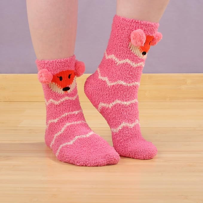 BambooMN Super Soft Cozy Warm Cute Animal Non-Slip Fuzzy Crew Winter Socks, 1 Pair Pink Fox