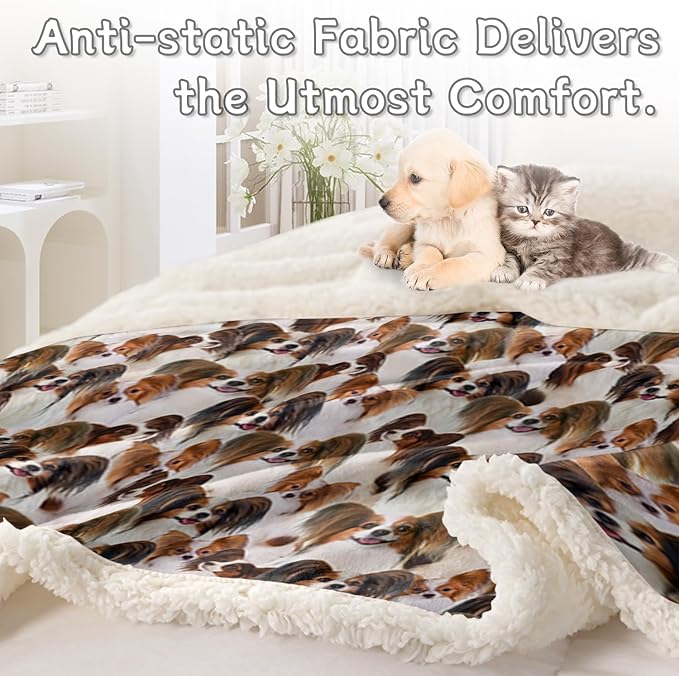 BlessLiving Cute Papillon Dog Fleece Throw Blanket Shepherd Dog Bed Blanket Plush Soft Blanket for Bed and Couch (Throw, 50 x 60 Inches)