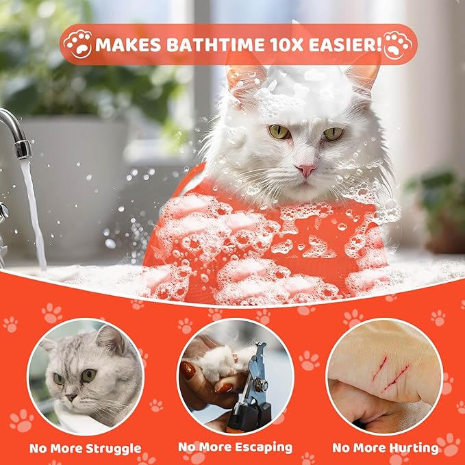 Cat Bathing Bag Anti Scratch and Bite, Cat Shower Bag Soft Mesh Net Bag for Small/Medium/Large Cats Restraint Grooming Nail Trimming Washing - Orange