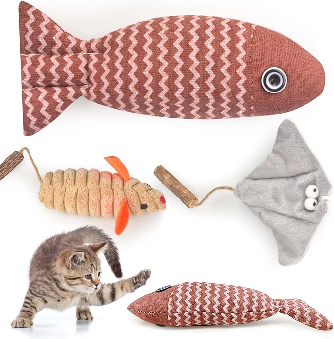 AccEncyc 3Pcs Cat Toys Mice Fish Catnip Toys Teething Interactive Catnip Silvervine Animals Toys for Indoor Kittens Cat Chew Toy Kitten Exercise Kicker Toys Cleaning Teeth Cat Gifts Kitty Toy