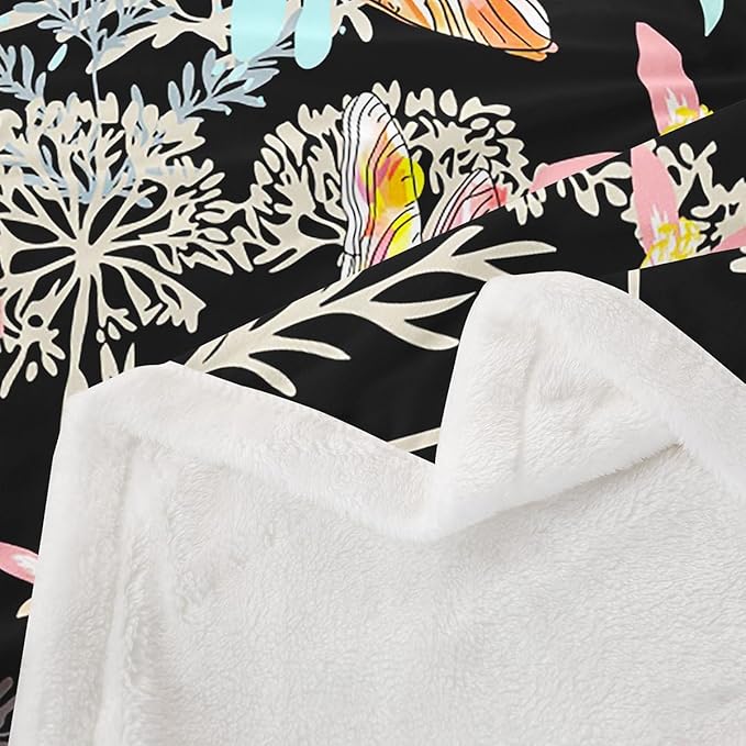 Feelyou Dragonfly Sherpa Blanket Queen 90x90 Inches Botanical Floral Fleece Throw Blanket for Kids Girls Teens Women Bedroom Decor Nature Animals Branches for Sofa Bed Couch Black