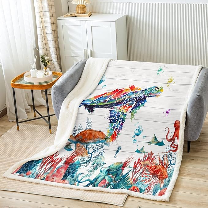 Watercolor Sea Turtle Sherpa Blanket,Cute Octopus Jellyfish Blanket Colorful Coral Seaweed Throw Blanket for Bed Chair Throw Size,Ocean Tortoise Reptile Fleece Blanket,White Striped Wooden Room Decor