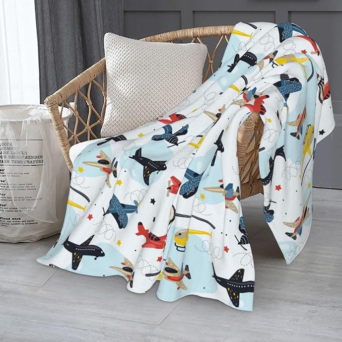 Kids Airplane Blanket Throw 80"x60", Plush Flannel Aircraft Blankets, Soft Warm Decorative for Kids Women Adults