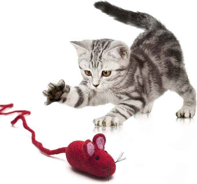Glaciart One Felt Mouse Cat Toy – Soft Fuzzy Enrichment 100% Natural Wool Toy - Interactive Catnip Play Cat Toy Set - Safe for Pets, Non-AZO Colored Dyes - 100” Long