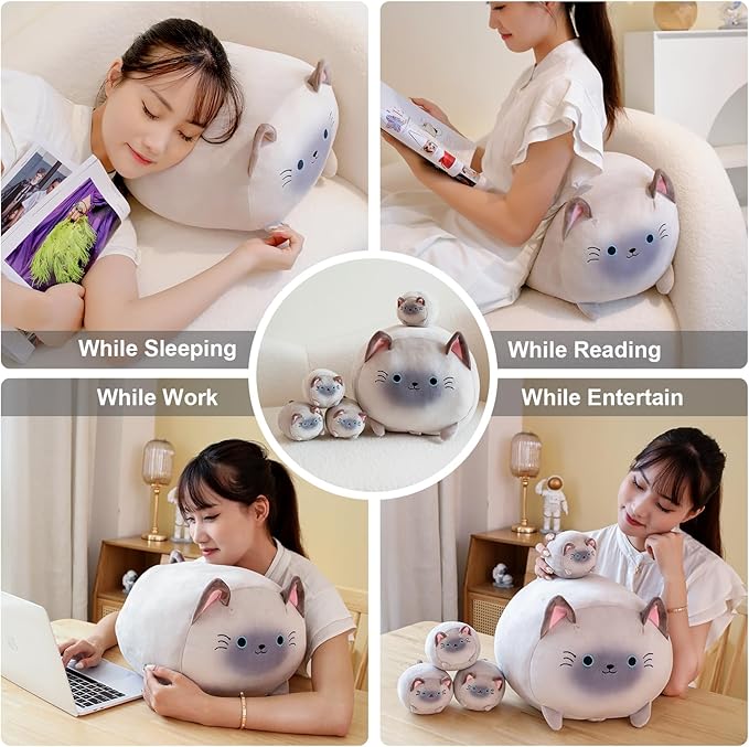 Siamese Cat Plush with 4 Baby Siamese Cat Stuffed Animals in Her Tummy, Cuddly Cartoon Body Pillow Gifts for Girls Boys