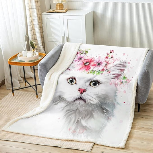 Cute Cat Plush Blanket White Pet Cat Fleece Throw Blanket Colorful Flowers Cartoon Cat Sherpa Blanket for Sofa Couch Bed 3D Animal Theme Cat Lovers Fuzzy Blanket Room Decor Baby 30x40 Inch
