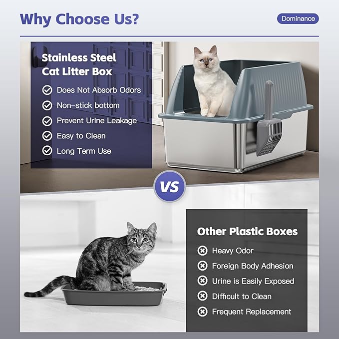15" XL Stainless Steel Litter Box for Cats, Enclosed Metal Litter Box with Lid, Extra Large Kitty Litter Box with High Sides for High Peeing Cat, Easy to Clean, Non-Sticky, Including Scoop