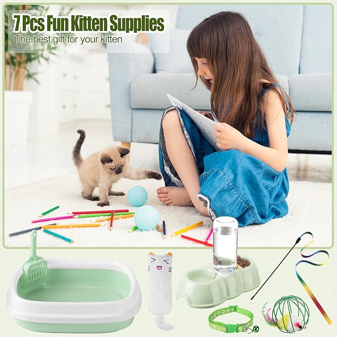 7 Pcs Small Cat Kitten Starter Kit Cat Litter Box with Shovel Cat Paw Litter Mat Double Automatic Cat Bowls Cat Toy Teaser Stick Cat Collar Essentials Kits for 1-3 Lbs Beginner (Fresh Green,Stylish)