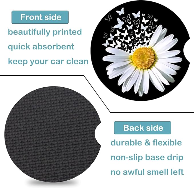 Car Coasters for Cup Holders,2 Pack White Daisy Butterfly Car Cup Holder Coasters,2.75" Universal Size Anti Slip Rubber Mat,Automotive Cup Holder Decal Decor Accessories,Daisy Gifts for Women,Men
