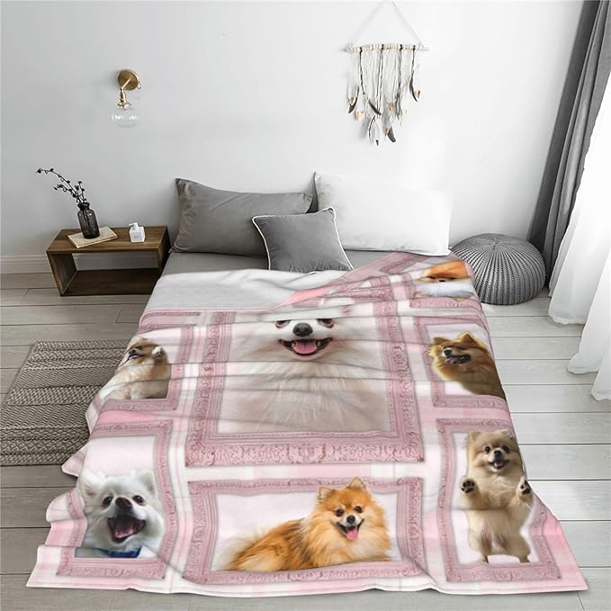 Cute Pomeranian Dog Blanket Pink Pomeranian Decor Throw Blanket Super Warm Soft Plush Lightweight Fleece Flannel Blanket Gifts for Puppy Lovers Girls Women Boys Kids for Winter Couch Bedding 50"X60"