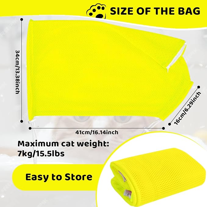 Cat Bathing Bag Anti Scratch and Bite, Cat Shower Bag Soft Mesh Net Bag for Small/Medium/Large Cats Restraint Grooming Nail Trimming Washing - Yellow