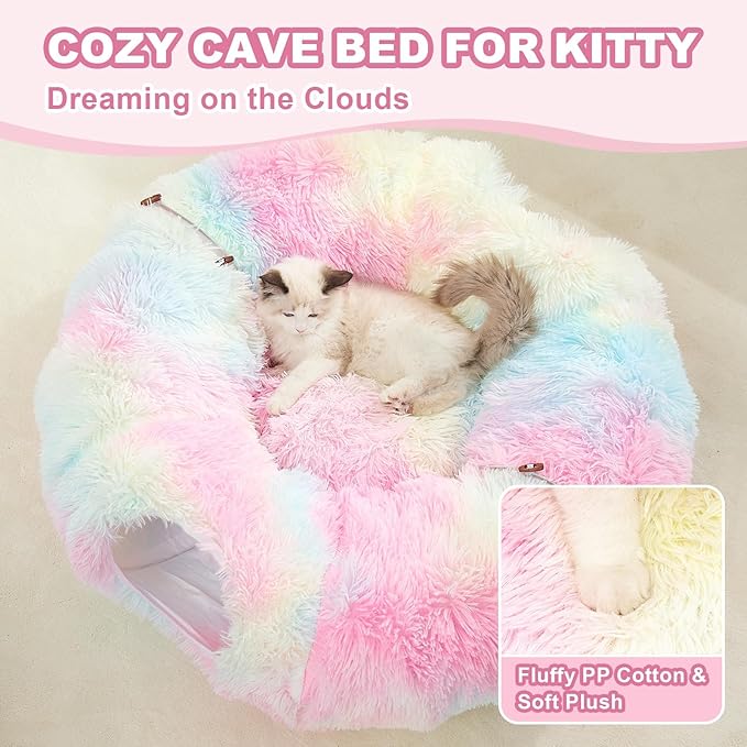 JIUPETY Cat Tunnel Bed with Soft Plush Mat, Collapsible Tube Playground, Cat Toy Tunnel for Indoor Cats, Kitten, Rabbit, Ferret, Fluffy Plush Material, Includes Dangling Balls, Rainbow