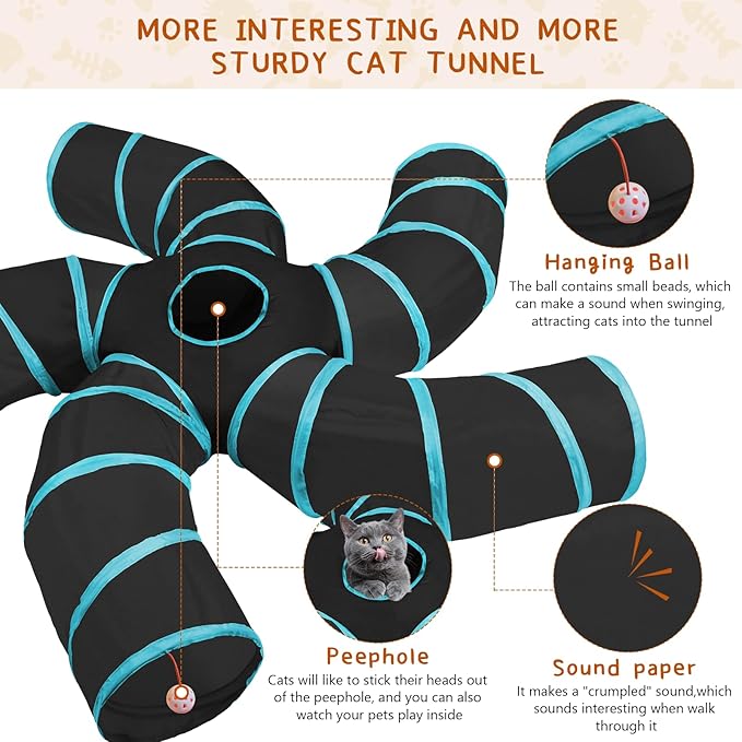 Cat Tunnels for Indoor Cats, 5 Way Cat Tubes and Tunnels Collapsible S-Shaped Cat Toys, Kitty Tunnels with Play Ball, Interactive Pet Tube Toys for Puppy, Kitty, Kitten, Rabbit, Blue & Black