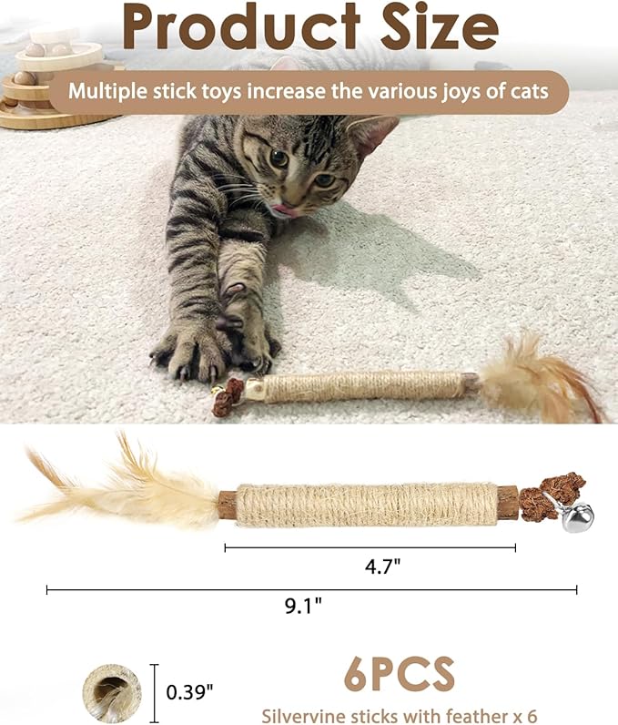 Tocirelo Kitten Teething Toys for Indoor Cats - 6Pack Silvervine Sticks Cat Enrichment Toys, Matatabi Cat Feather Toys with Bell, Cat Teeth Cleaning Treats, Cat Chew Sticks