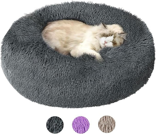 Round Dog Bed for Small Dogs, Donut Cuddler Plush Cat Calming Bed with Machine Washable, Non-Slip Fluffy Dog & Cat Calming Cushion Bed for Joint-Relief and Sleep Improvement, S Size, Dark Grey