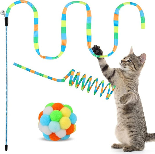 TUSATIY Cat Toys 3Pack, Cat Wand Toy Cat Fuzzy Balls with Bells &Cat Springs, Rainbow Color Interactive Cat Toys for Indoor Cats Kittens (Rainbow-Green)