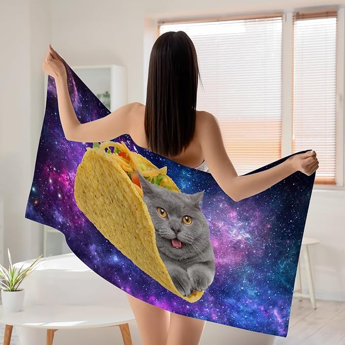 WZOMT Microfiber Cat Beach Towel, Cute Space Taco Cat Kitty Purple Galaxy Bath Towels, Cats Towels for Cats Lovers, Funny Quick Dry Sandproof Pool/Swim/Surfing Towel, Oversized 32x52 Inch