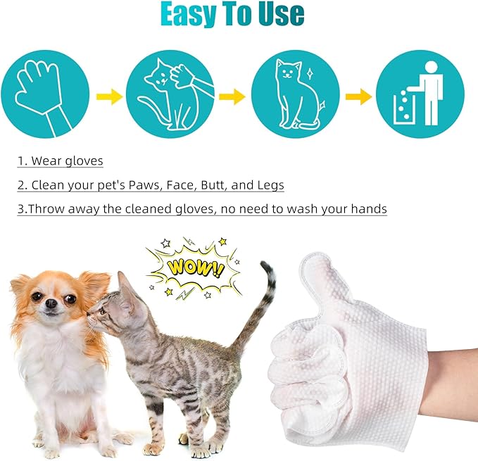 Pet Glove Wipes for Dogs and Cats, No-Rinse, Deodorizing, Grooming Gloves for Paws, Face, Butt, and Legs, Portable Travel-Friendly, Family Stockpile, 30PCS