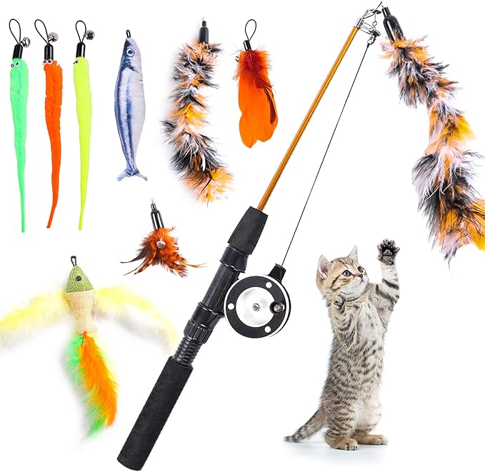 9 PCS Cat Fishing Pole Toy, Retractable Cat Feather Toys with Cat Wand Plush Fish Worm Feathers with Bells Catnip Interactive Cat Teaser Toys for Kitten Cat