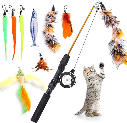 9 PCS Cat Fishing Pole Toy, Retractable Cat Feather Toys with Cat Wand Plush Fish Worm Feathers with Bells Catnip Interactive Cat Teaser Toys for Kitten Cat