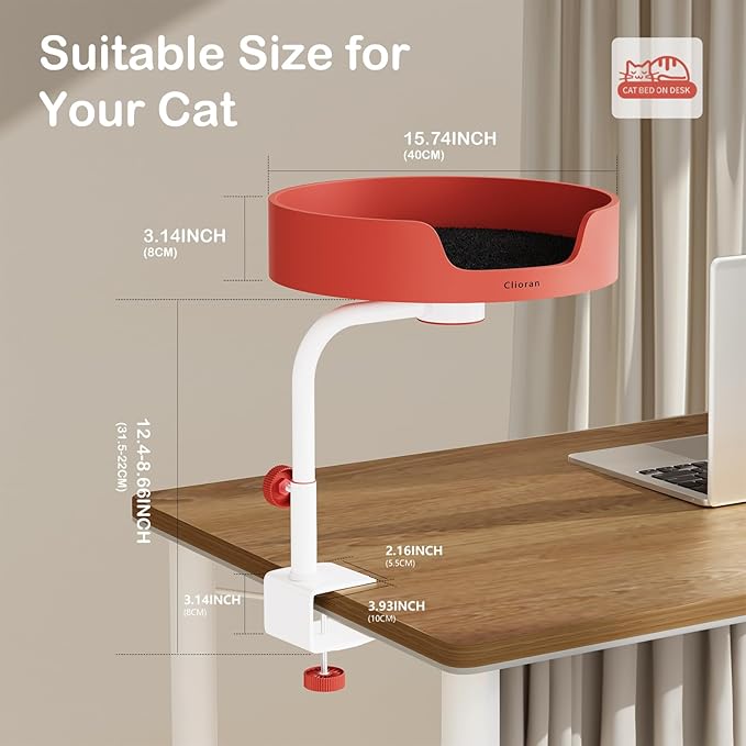Cat Bed Desk Nest with Teaser,Easy Installation Shelf,Sturdy Frame,Removable Cushioned Cushion, Space Saving Design,Ideal for Side Table,Home Office,Fits Cats