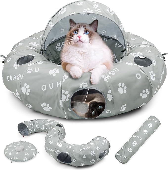 Cat Tunnel Bed, Cat Tunnels for Indoor Cats, Cat Donut Tunnel with Mat, Straight Tunnel, 4 Hanging Balls and Blackout Tent, Collapsible Peekaboo Cat Cave