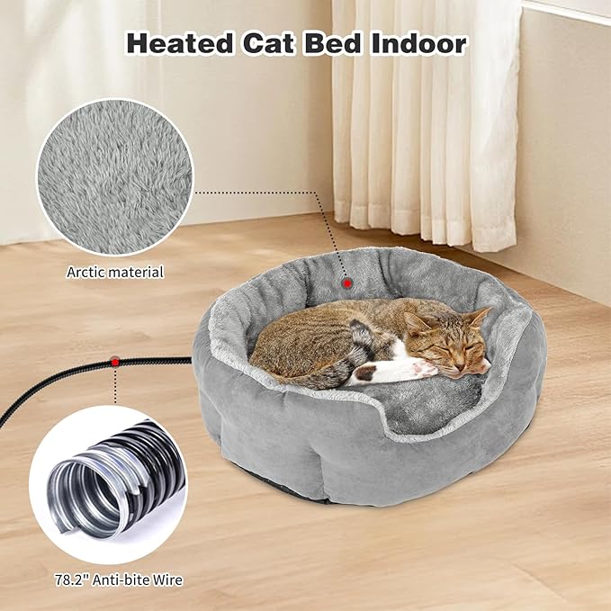 Heated Cat Bed Indoor, 18.5" Soft Heated Pet Bed for Indoor Cats with Timer and Temp Adjustable, Warming Cat Bed Heating Pad for Indoor Cats Kitten Old Cat Senior Cat