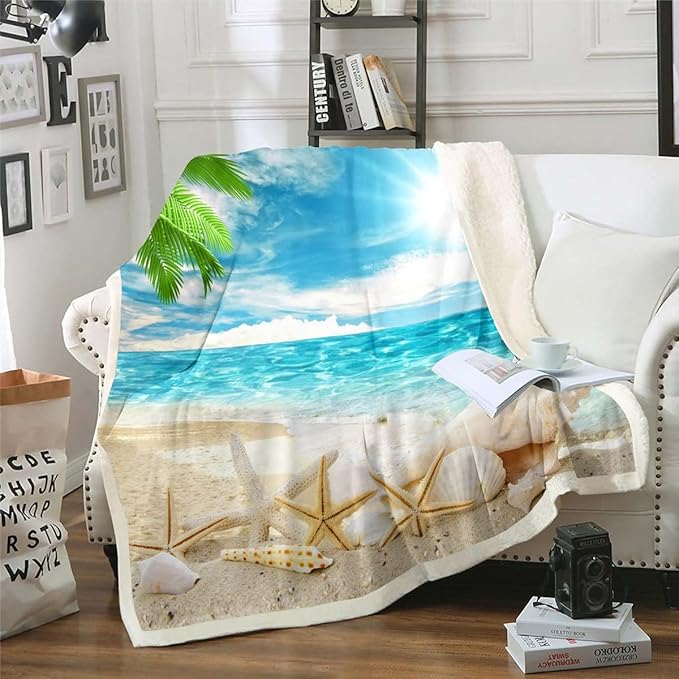 Erosebridal Beach Themed Blanket Blue Ocean Throw Blanket for Camping Travel Seashell Starfish Printed Fleece Blanket Throw Size Beach Coastal Sherpa Blanket for Kids Teens Adults,Soft
